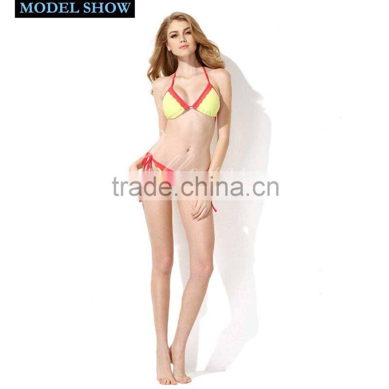 New Sexy Triangle Top 2016 Bikini Swimsuit Greenish Yellow + Red Lace with Classic Cut Bottom Colloyes