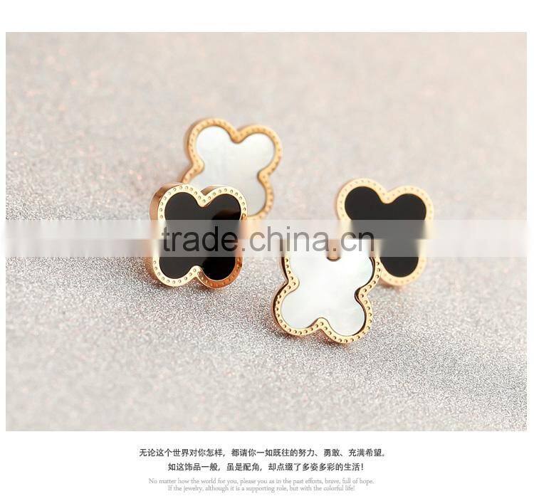 KSTONE rose gold stainless steel shell inlaid four leaf clover stud earrings
