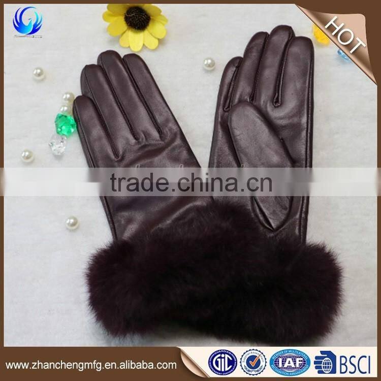 Funky women genuine sheep leather hand gloves with rabbit fur cuff