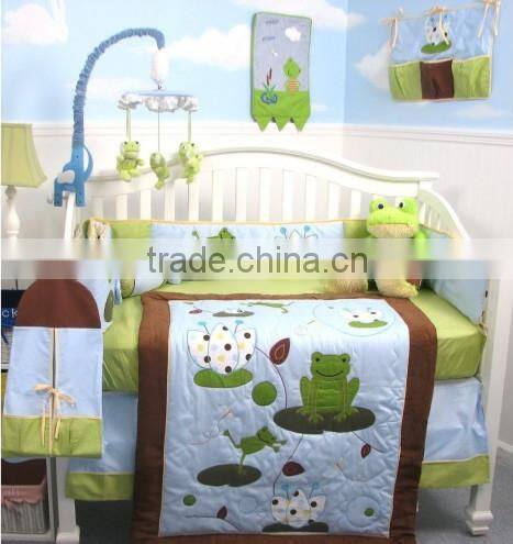 Bright Green Frog Embroidery Toddler Bed