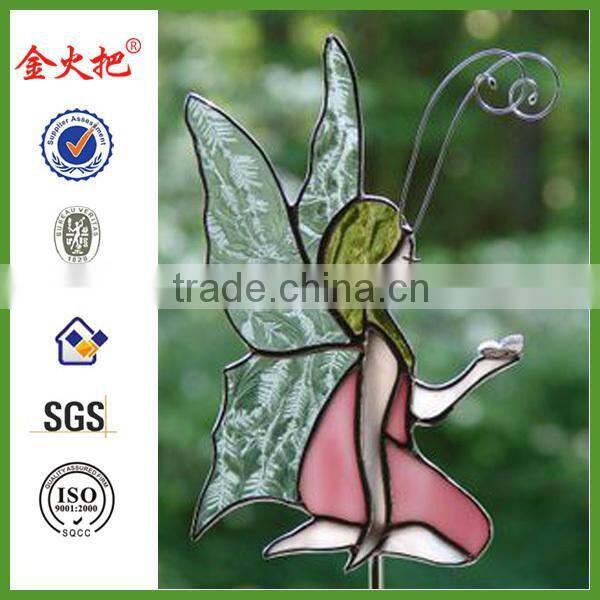 Decorative metal blue and green streaked stained glass butterfly stake