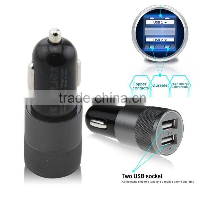 Multifunction 12v 24v 2.1A 1.0A Aluminium Bullet Dual Port USB Universal Car Charger for Iphnoe Ipad Normal Usb Phone