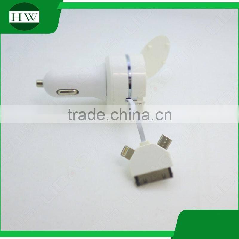 USB adaptor box set charging cable car charger 3 in 1 travel car charger with retractable cord/retractable car charger