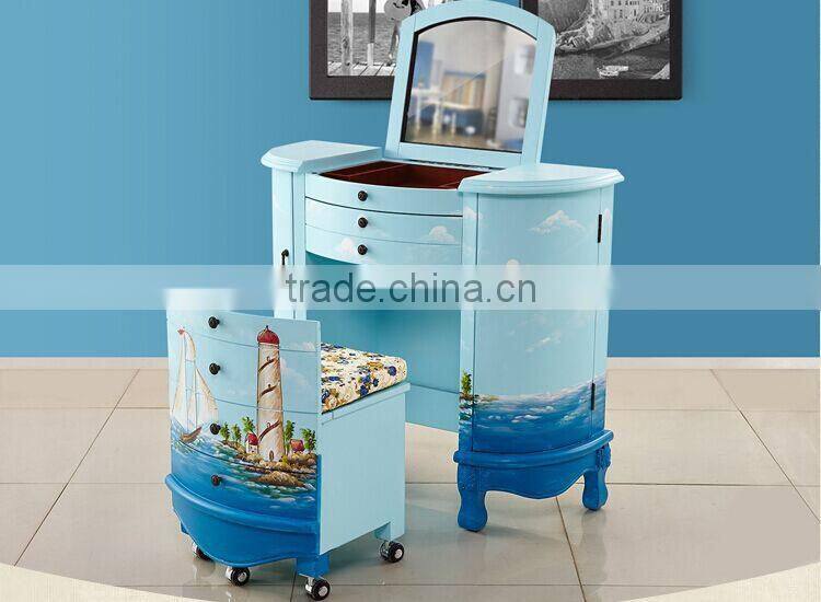 Mediterranean Style Dresser, Sailing Boat Handpainting Dressing Table and Chair, Wooden Multifunctional Dresser (BF01-X1155)