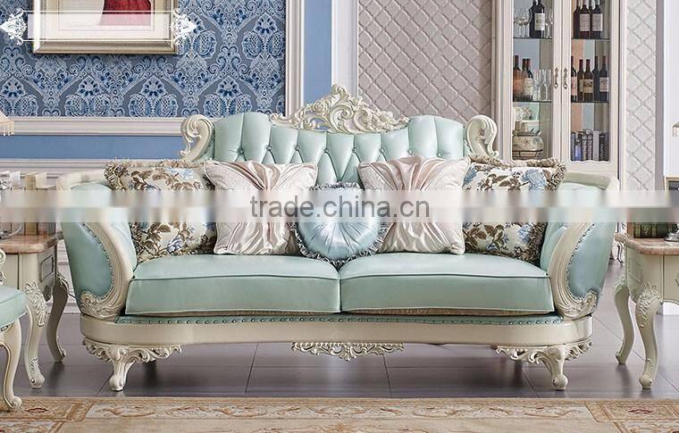 Neoclassic solid wood living room furniture fresh light blue color leather sofa set