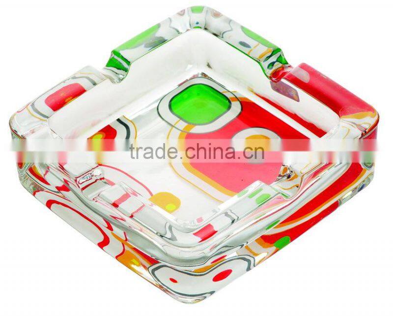 Glass ashtray with decal on bottom,high quality glass ashtray
