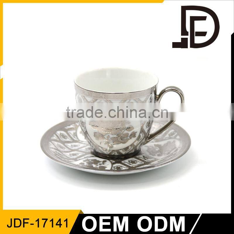 Silver line fine ceramic tea cup set / porcelain vintage cup and saucer with gold decal