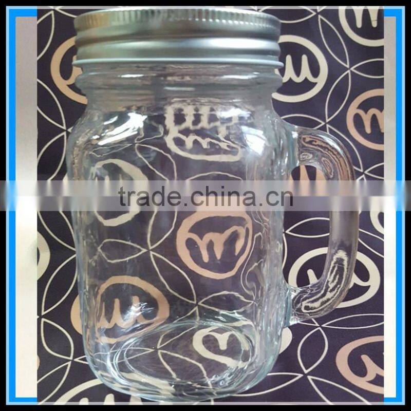 Round Clear Glass Mason Jar With handle and tinplate lids in stock