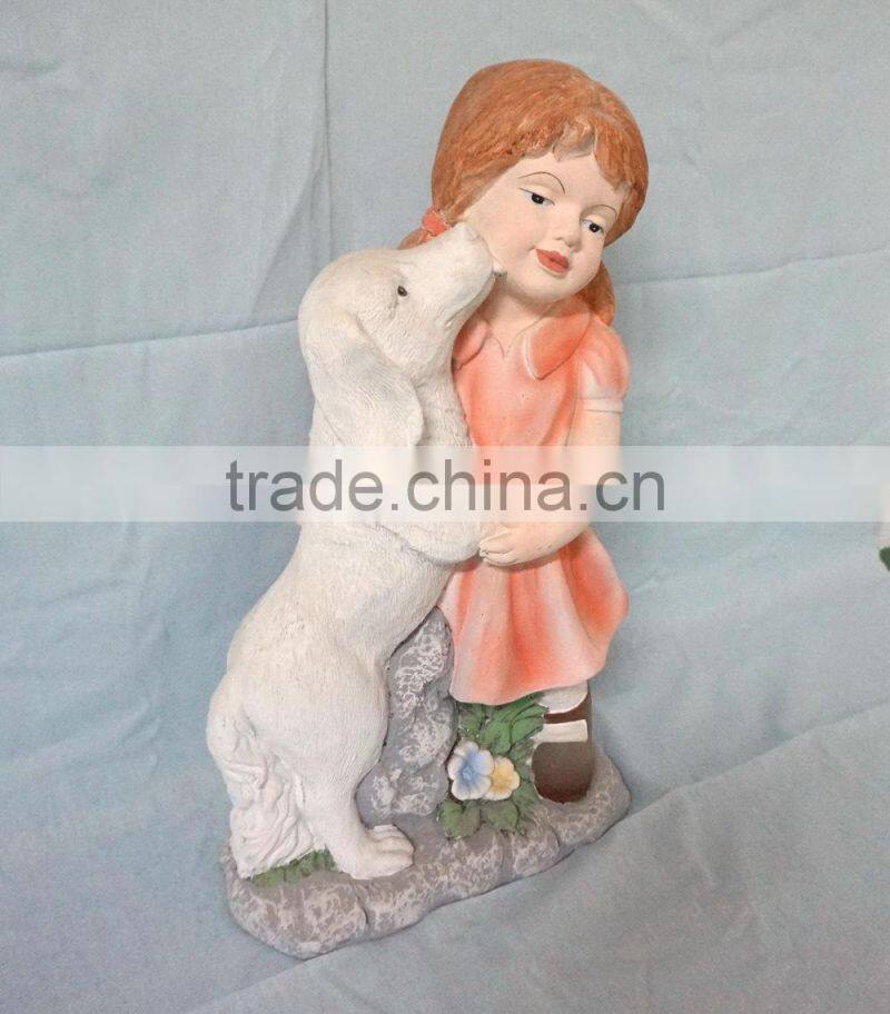 Fiberglass colorful girl and dog statue garden ornament