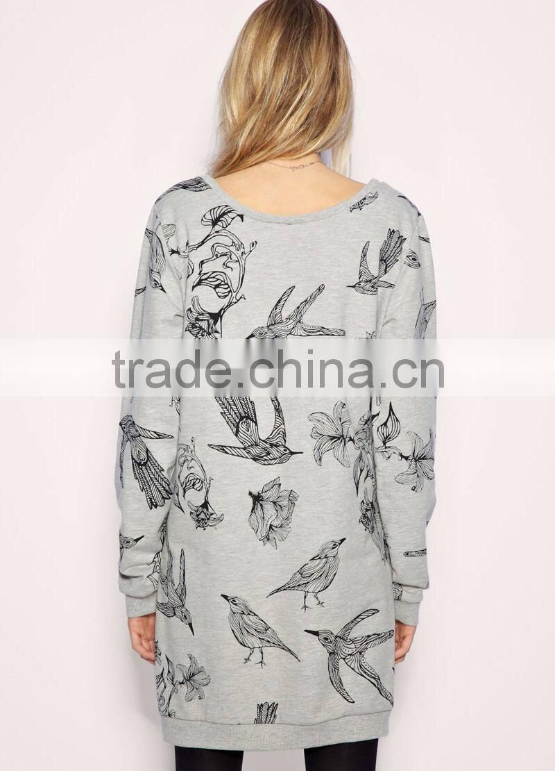fashion longline sweatshirt V neck design ladies winter dress allover print new ladies fashion dress 2017 design