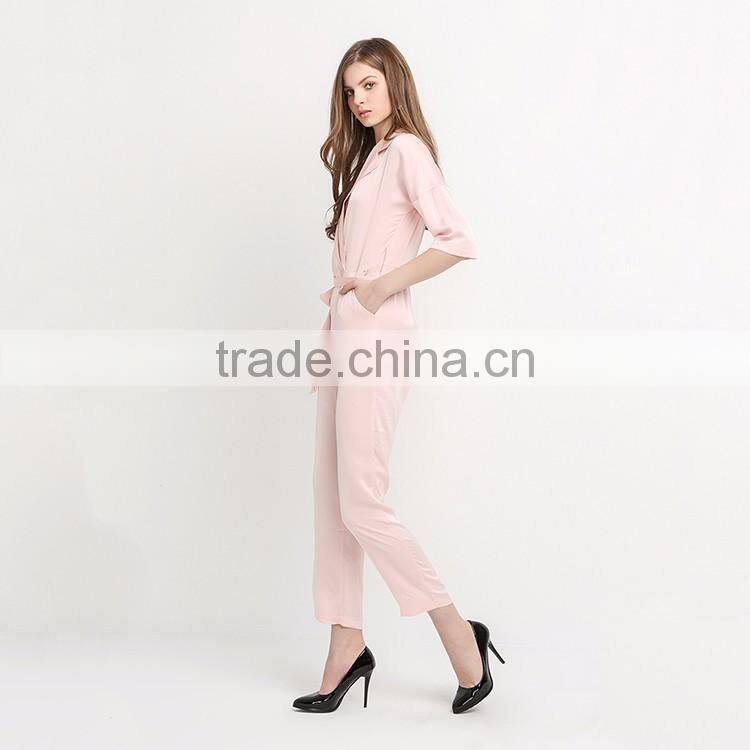 HAODUOYI Women Sexy Plunge Neck Three Quarter Sleeves Tailored Belted Casual High Waist Romper