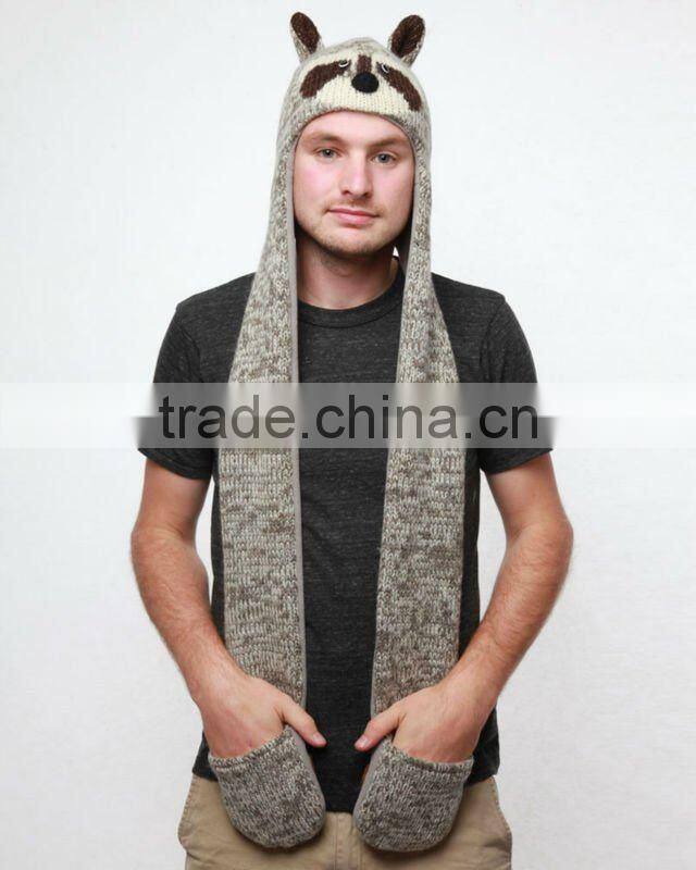 NEW STYLE WOOL ANIMAL KNITTED HATS WITH SCARF POCKETS