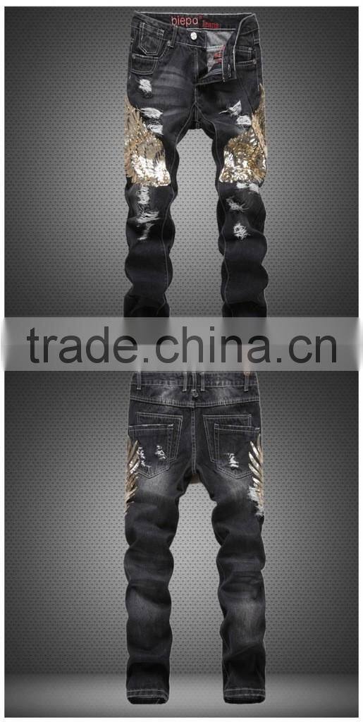 New Stytlish Men Sequin Gold Wings Slim Straight Trousers Ripped Frayed Jeans