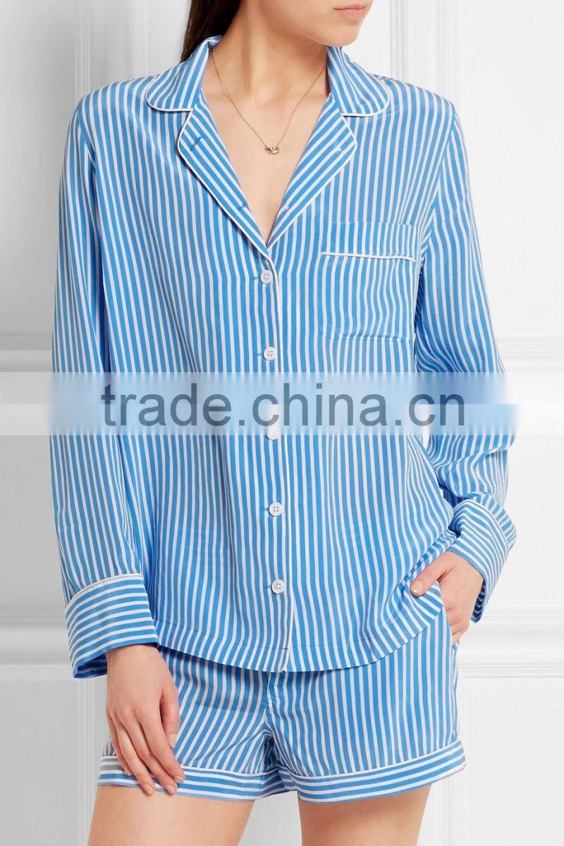Navy blue custom stripe women high quality 100% silk sleep wear