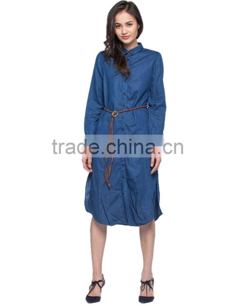 Ladies new design jeans long sleeve casual cotton longline curved hem shirt/blouse