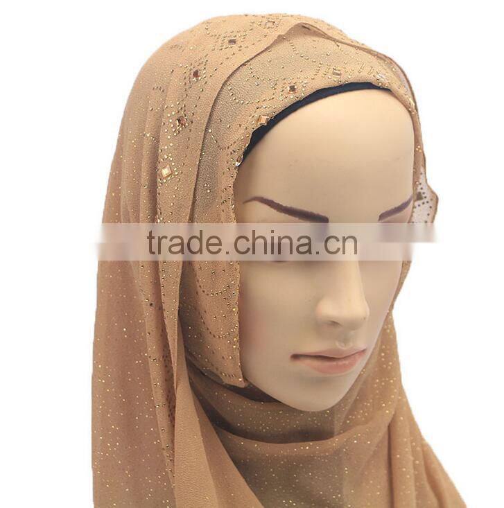 hot sale muslim chiffon hijab scarf with glitters and rhinestone women fashion headscarves