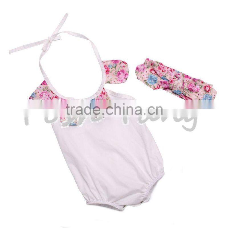 Wholesale Floral print romper hot selling costumes baby romper 100% cotton summer jumpsuit with headband