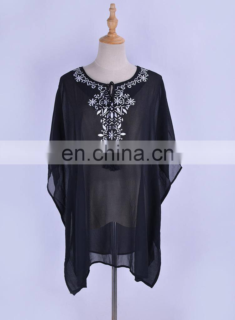2019 Casual Embroidered V-Neck Batwing Sleeve Summer Beach Dress Black Cotton Tunic Women Beachwear Mini Dress Sarong pareo