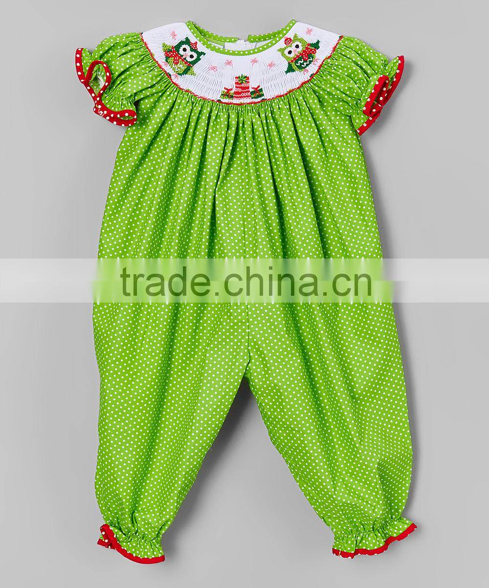 Lime Owl Dot hand smocked children clothing wholesale