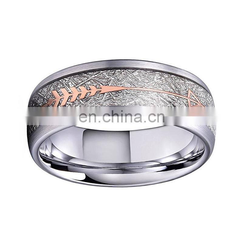 8mm Rose Gold Stainless Steel Tungsten Carbide Rings Hawaiian Koa Wood Arrow Inlay Men's Jewelry
