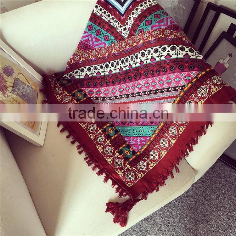 Fashion Retro Printed Pattern with Tassels Women Square Pashmina Encryption Twill Cotton Scarf