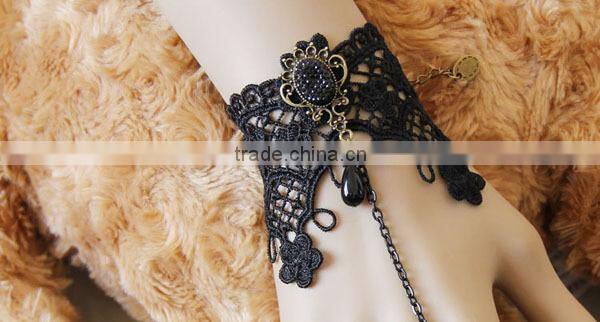 Black Lace Slave Bracelets with Ring Lolita Sexy Glass Bead Chain Metal