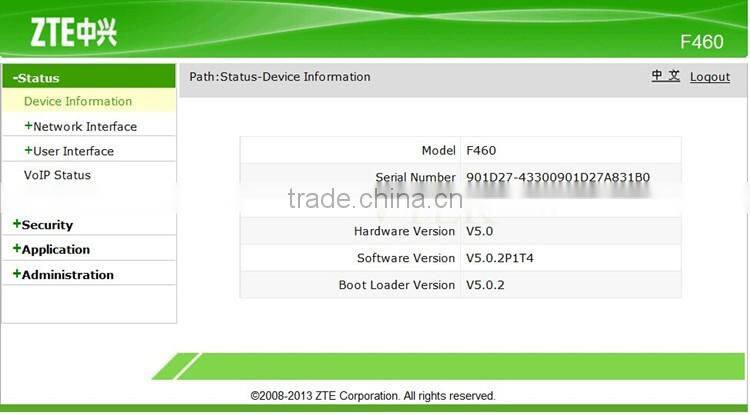 ZTE EPON ONU F427 with 4 Ethernet ports 2 voice ports wireless ONU F460 V5.0 firmware