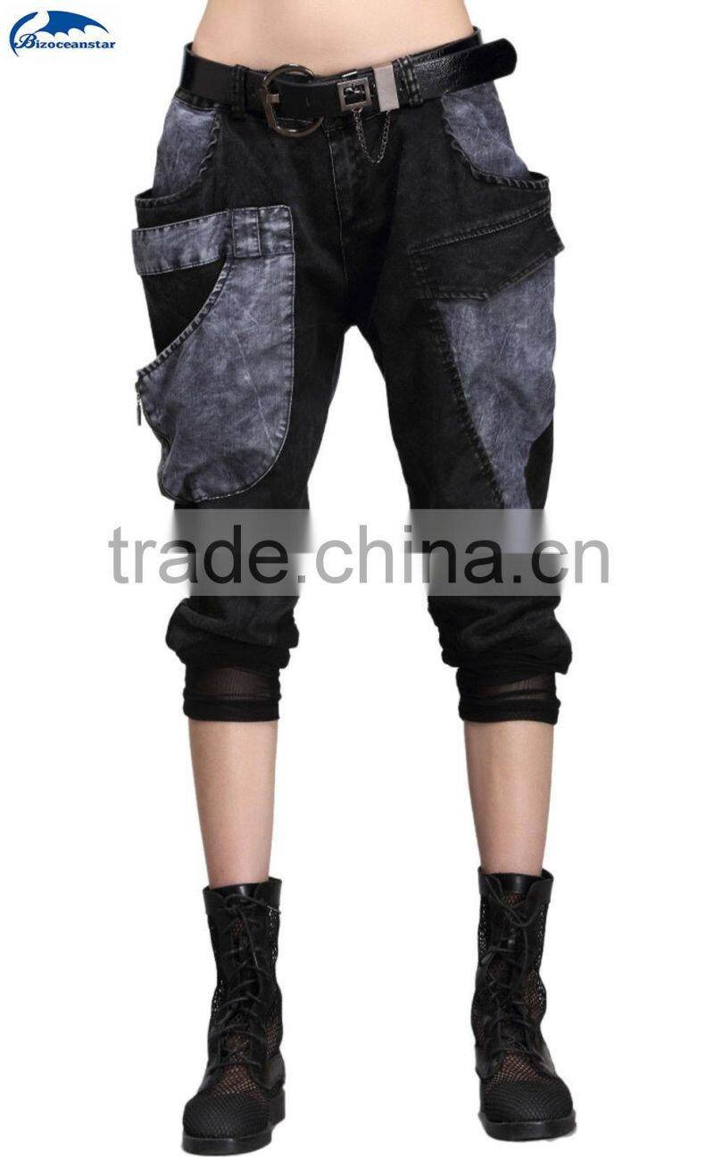 Women Punk Rock Loose Jeans Capri Pants Washed Hip-hop Denim Harem Cropped-pants