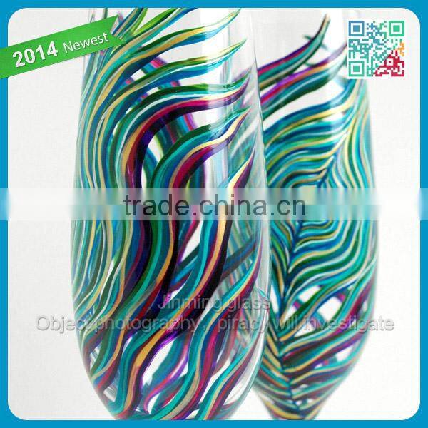 Peacock Feather Wedding Flutes Set of 2 Personalized Hand Painted glass champagne flute