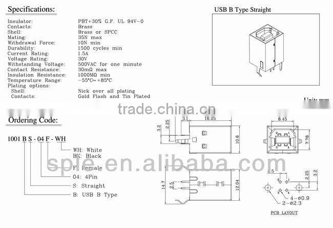 USB B type connector,180 degree vertical usb connector