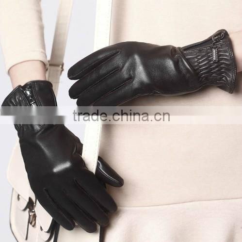 famale sheep skin thin leather winter warm gloves with elastic cuff