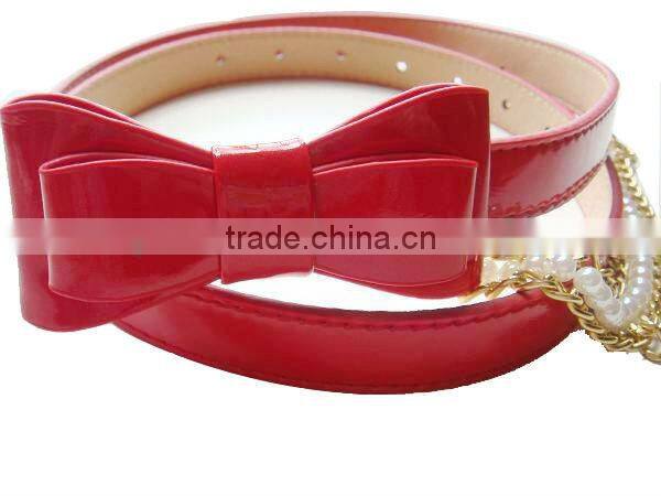 Ladies' Fashion Red Patent Leather Dress Belt with Bowknot Plastic Pearl Chain