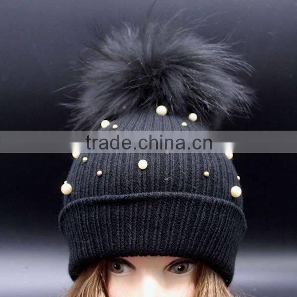 Wholesale Latest UK Style Colorful Wool Crochet Hat With Raccoon Fur Pom Poms White Crochet Knit Hat