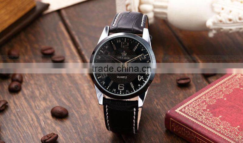 Orkina Mens Black Leather Stainless Steel Case Chrono Date Display Analog Sport Quartz Wrist Watch
