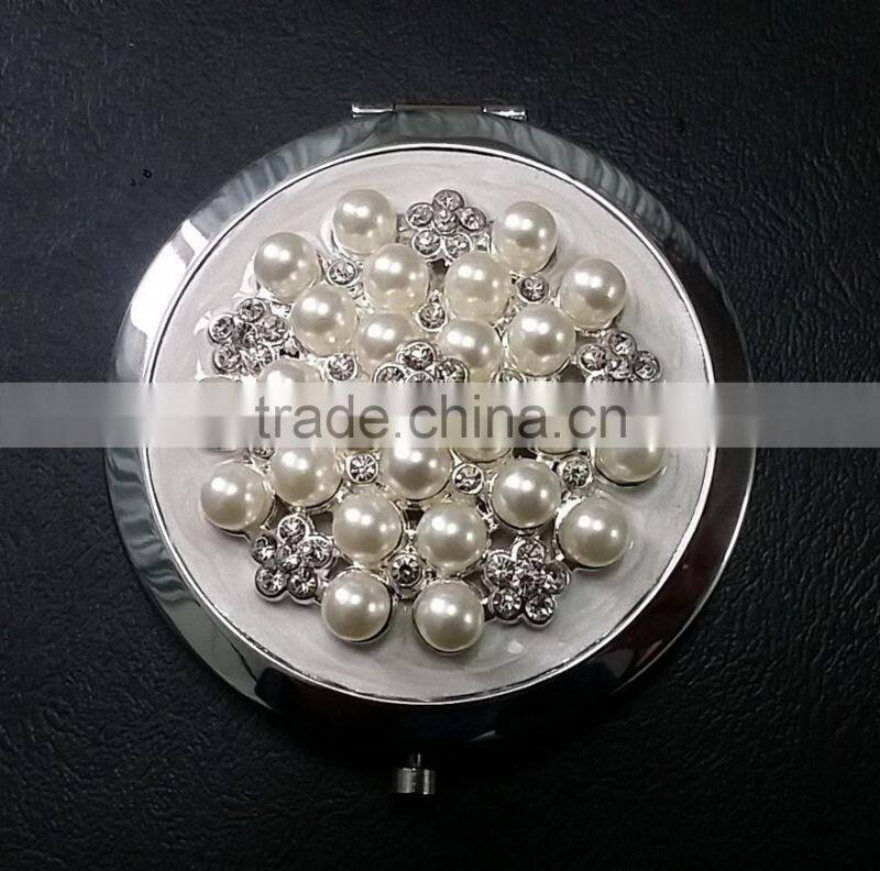 pearl and rhinestones compact makeup mirror professional