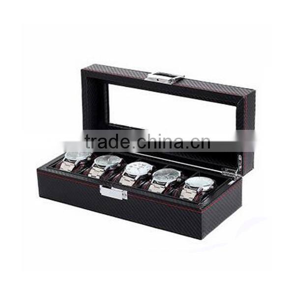 High-Grade PU Leather Package Box For Watch, 5 Slot Display Carbon Fiber Stripe Gift Storage Box