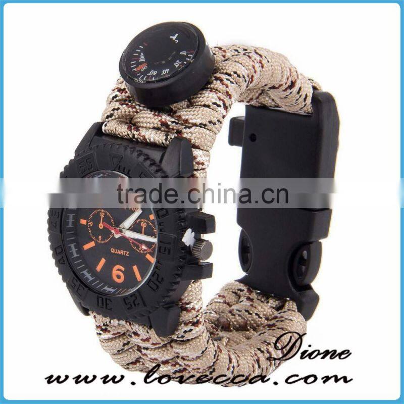 Multifuctional Paracord survival Watch with Compass Whistle Fire Starter Watchband Bracelet Outdoor Activities Tool