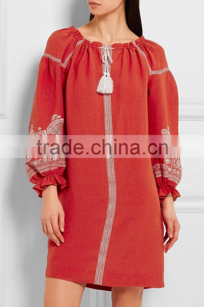 Cool Bohemian Embroidered Slub Crepe Linen Mini Dress Hand Flora Embroidery Designs 2016 HSD5750