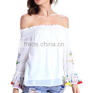 2016 New Fashion Slash Neck Shirts Women Long Sleeve Chiffon Blouses Strapless Embroidered Print Blusa Feminina