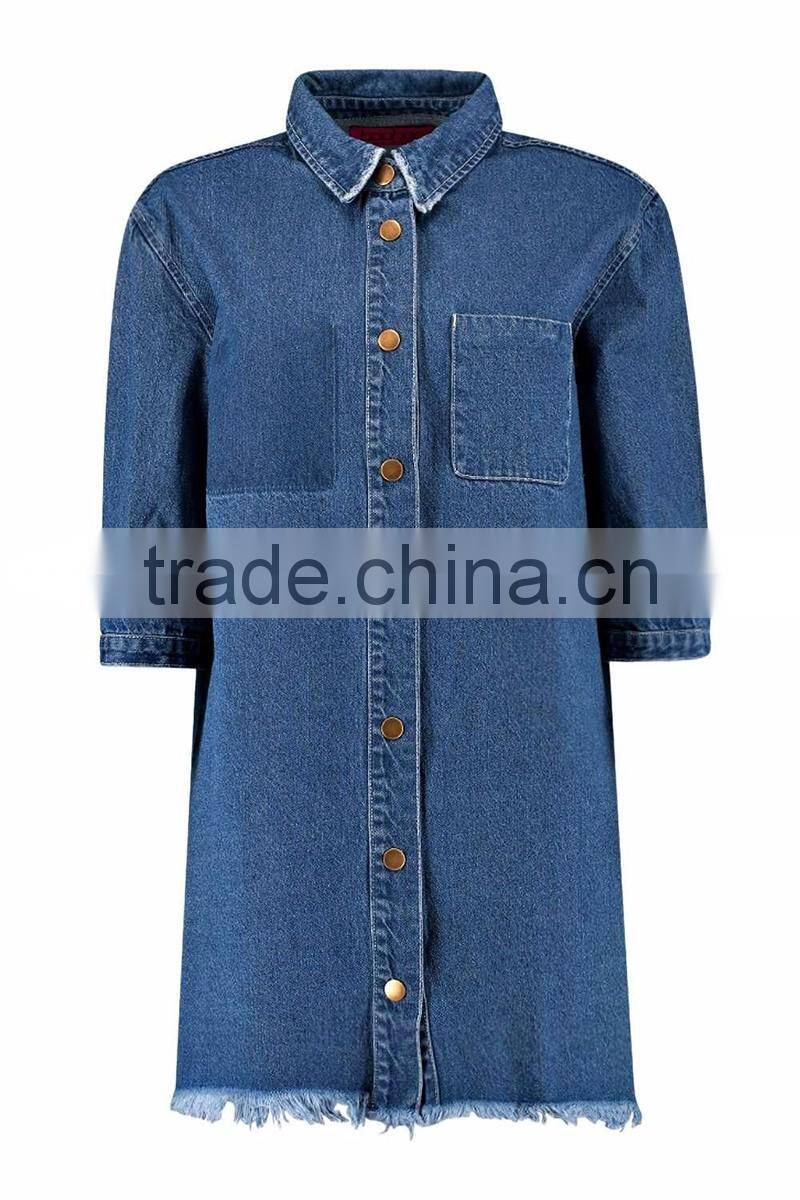 ladies trendy fringe hem denim shirt dress pattern