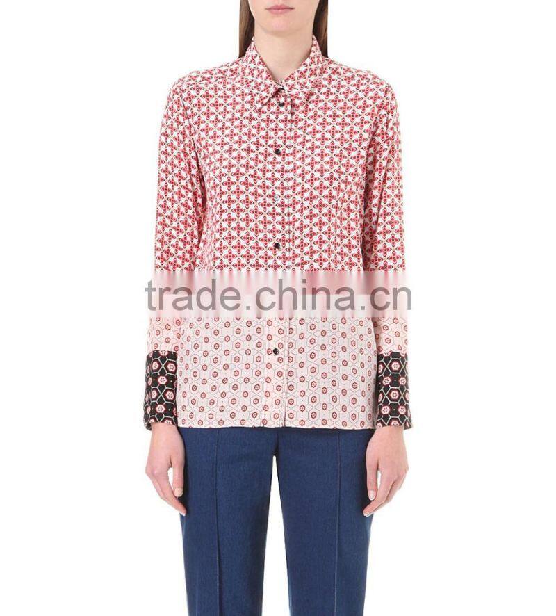 Wholesale Women Long Sleeves Geometric Rosette Silk Shirt(DQE0079T)