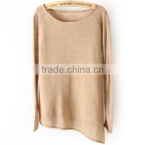 2015 lastest fashional ladies' asymmetrical design fat blouse with long sleeves and round neck