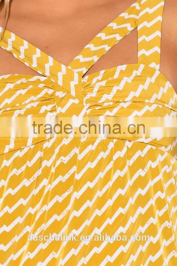 trendy woman yellow chevron print cut out party bulk tank top