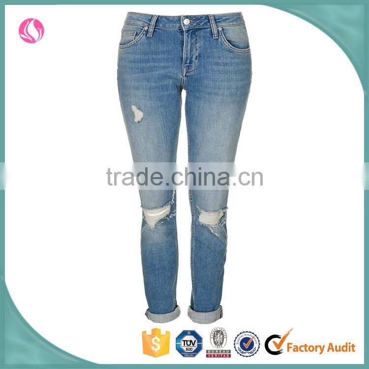 Women acid wash detailed ripped out ladies jeans denim jeans top design pant trousers