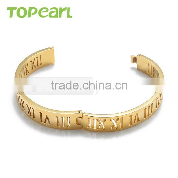 Topearl Jewelry Wholesale Stainless Steel Bangle Classic Roman Numeral Bangle Gold MEB400