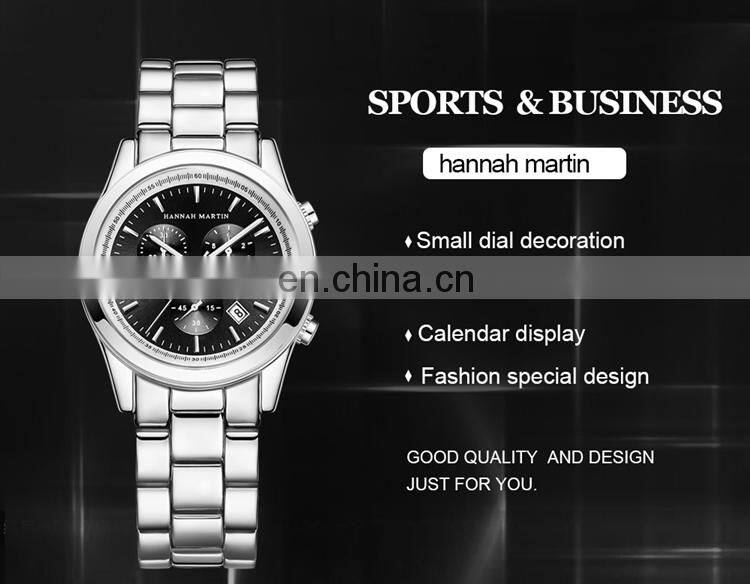 HANNAH MARTIN HM-1039 Current Black Stainless Steel Quartz Watch Analog Business Calendar Men Wrist Watches