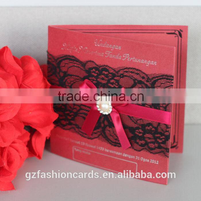 2014 Hot Sale Luxurious Wedding Invitation Card with Lace and Brooch