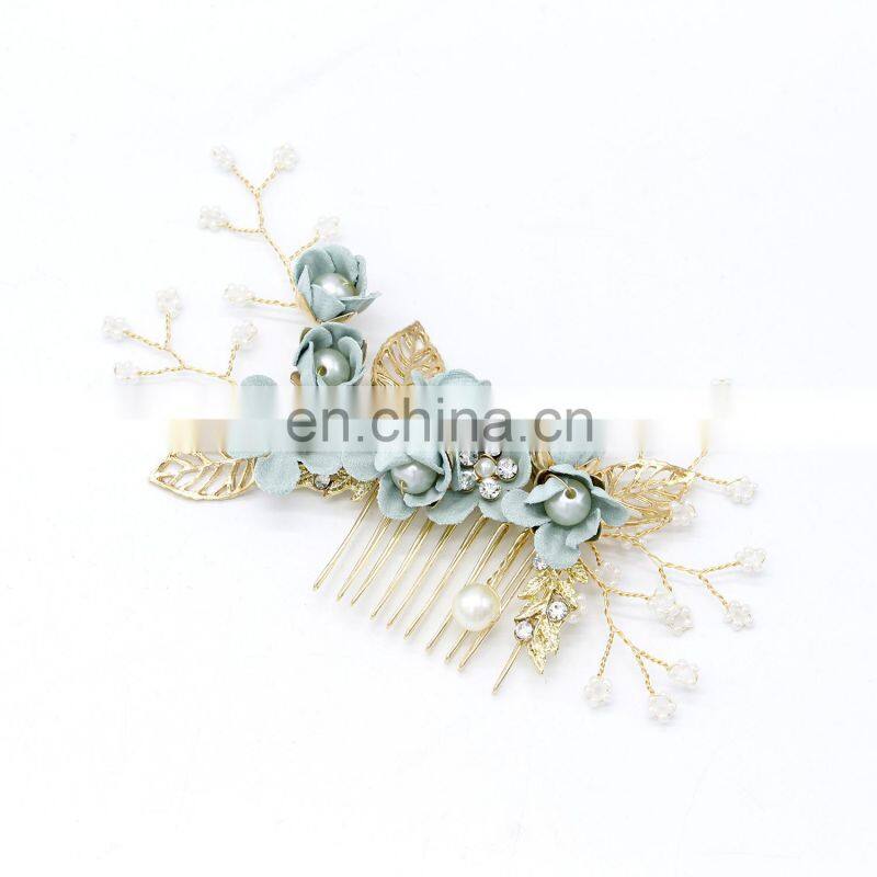 Luxury Blue Flower Hair Combs Headdress Prom Bridal Wedding Hair Accessories Gold Leaves Hair Jewelry