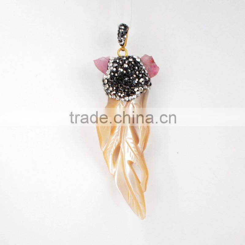 Boho CZ micro pave sea shell pendant jewelry with rose tourmaline beads