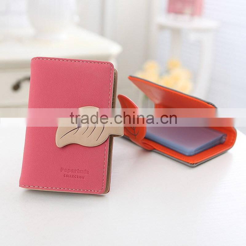 2016 custom PU leather leaf button mini credit card holder
